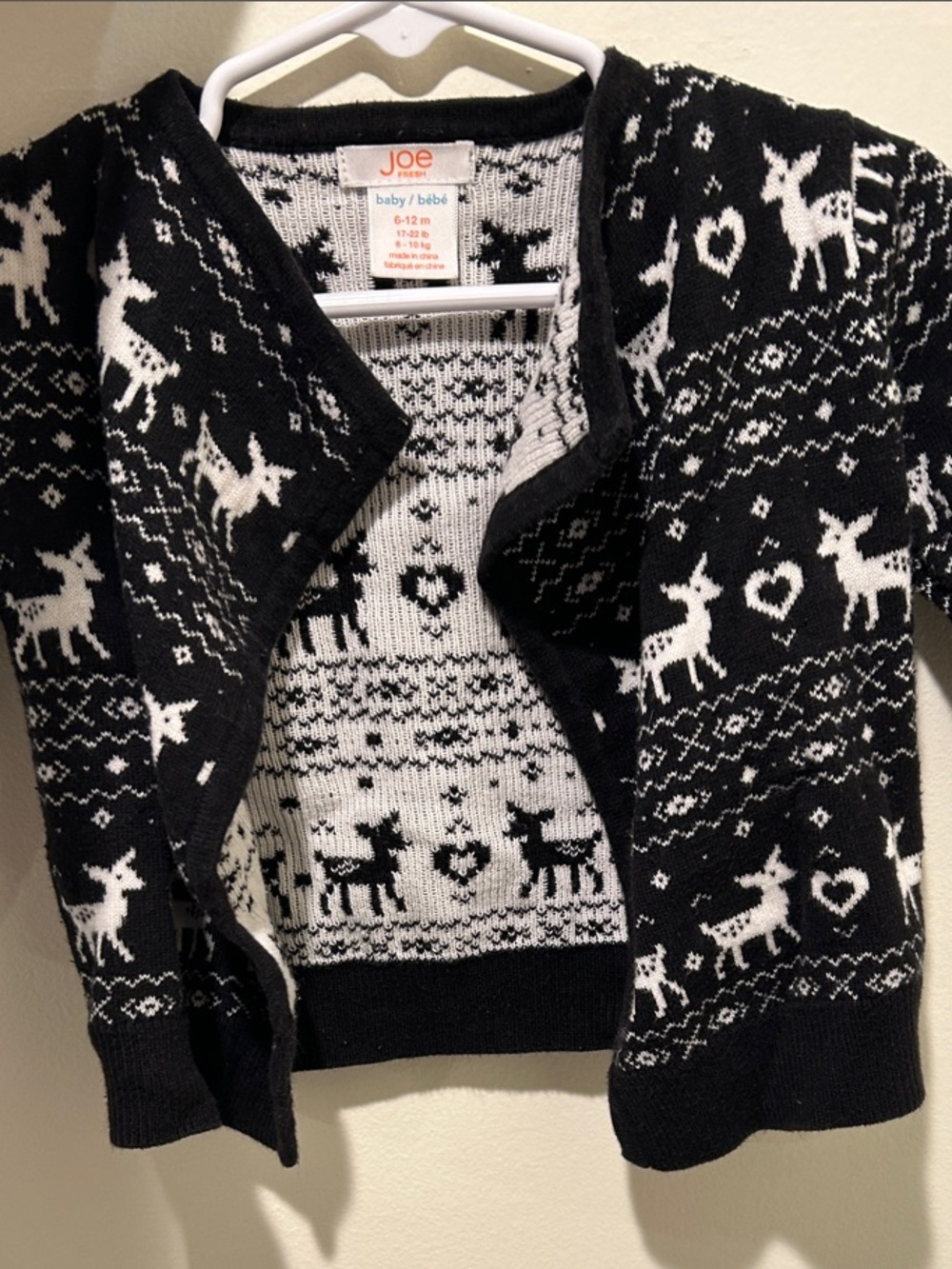 Joe Fresh Baby Deer Cardigan Sweater (6-12 months, Black Cream Fair Isle)
